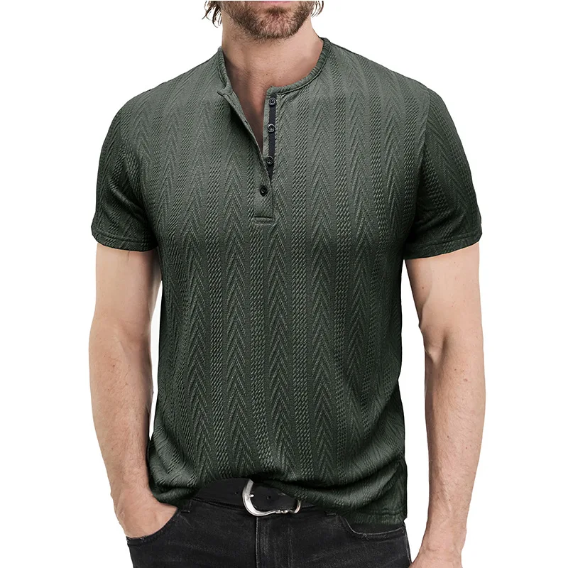 

Summer New Men's Fashion Knitted Sweater Short-sleeved Henry Shirt Top T Shirt Solid Color Casual
