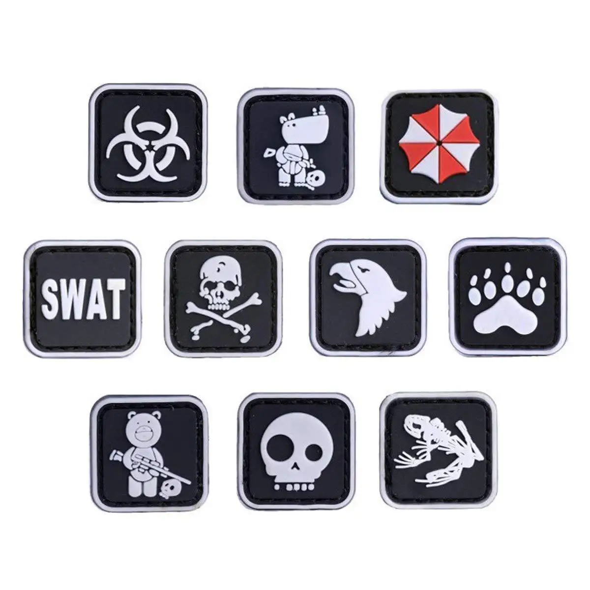 10PCS Mini PVC Military Patch Biohazard Emblem Skull Badges 3D Rubber Fabric Radiation Sign Maple Leaf Hook Loop Square Patch