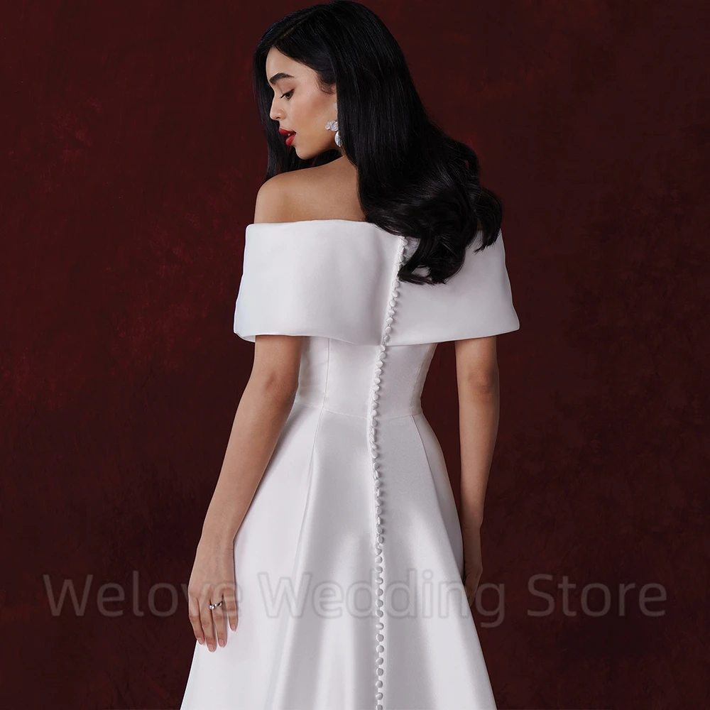 Classic Off the Shoulder Satin Bridal Wedding Dress Side Slit Draped Floor Length V-Neck Half Back Short Sleeve Custom Gowns