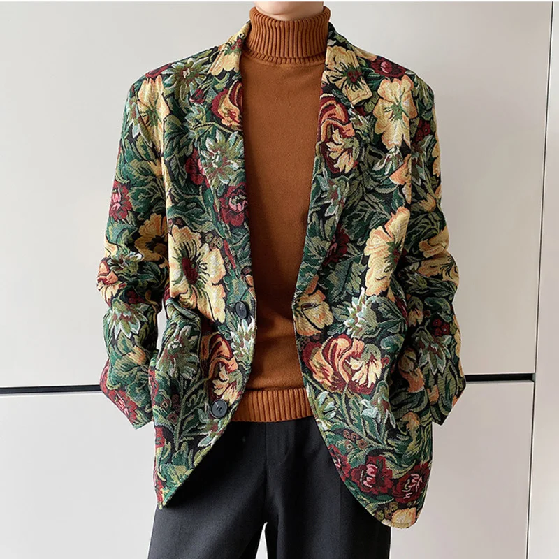 new Spring vintage print suit coat for men trend design causal fit loose blazers for male 2022 tide clothes 2Y4788