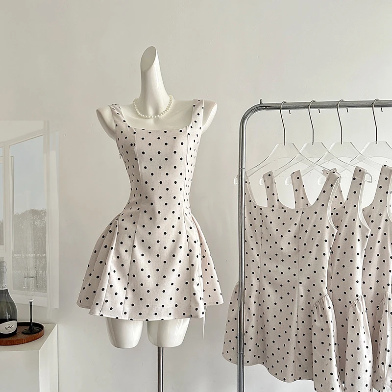 

French Style Spicy Girl Polka Dot Dress 2025 Summer Women Fashion Square Neck Dress Temperament Suspender Short Dresses