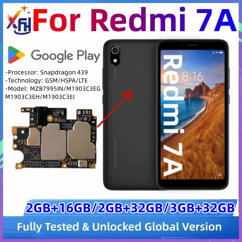 Motherboard for Redmi 7A, Unlocked Main Circuits Board, 16GB 32GB Global ROM, with Snapdragon 439 Processor