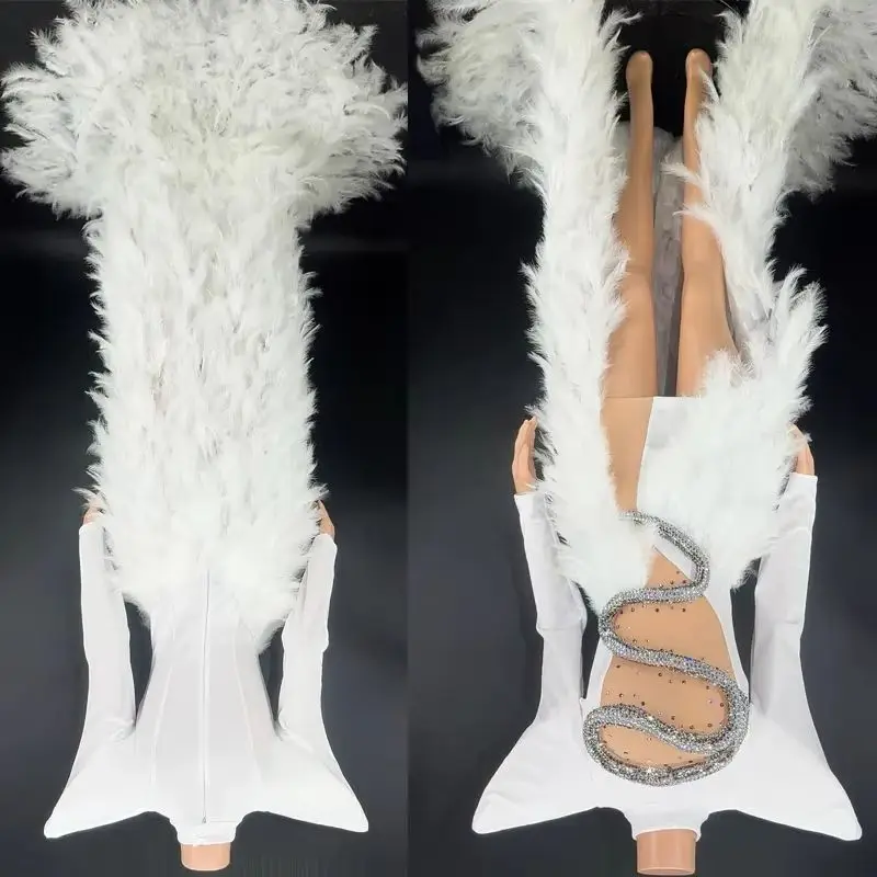 화이트 깃털 트레인 이브닝 드레스 플라이 숄더 스팽글 드레스 거즈 여성 생일 축하 의상 갈라 의상