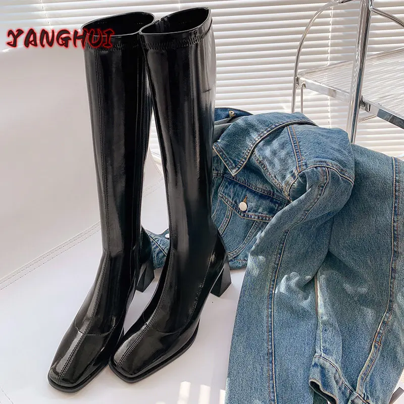 2022 Winter New Black High Knee Length Elastic Boots Women\'s Lacquer Leather Side Zipper High Heels Elegant Versatile Shoes