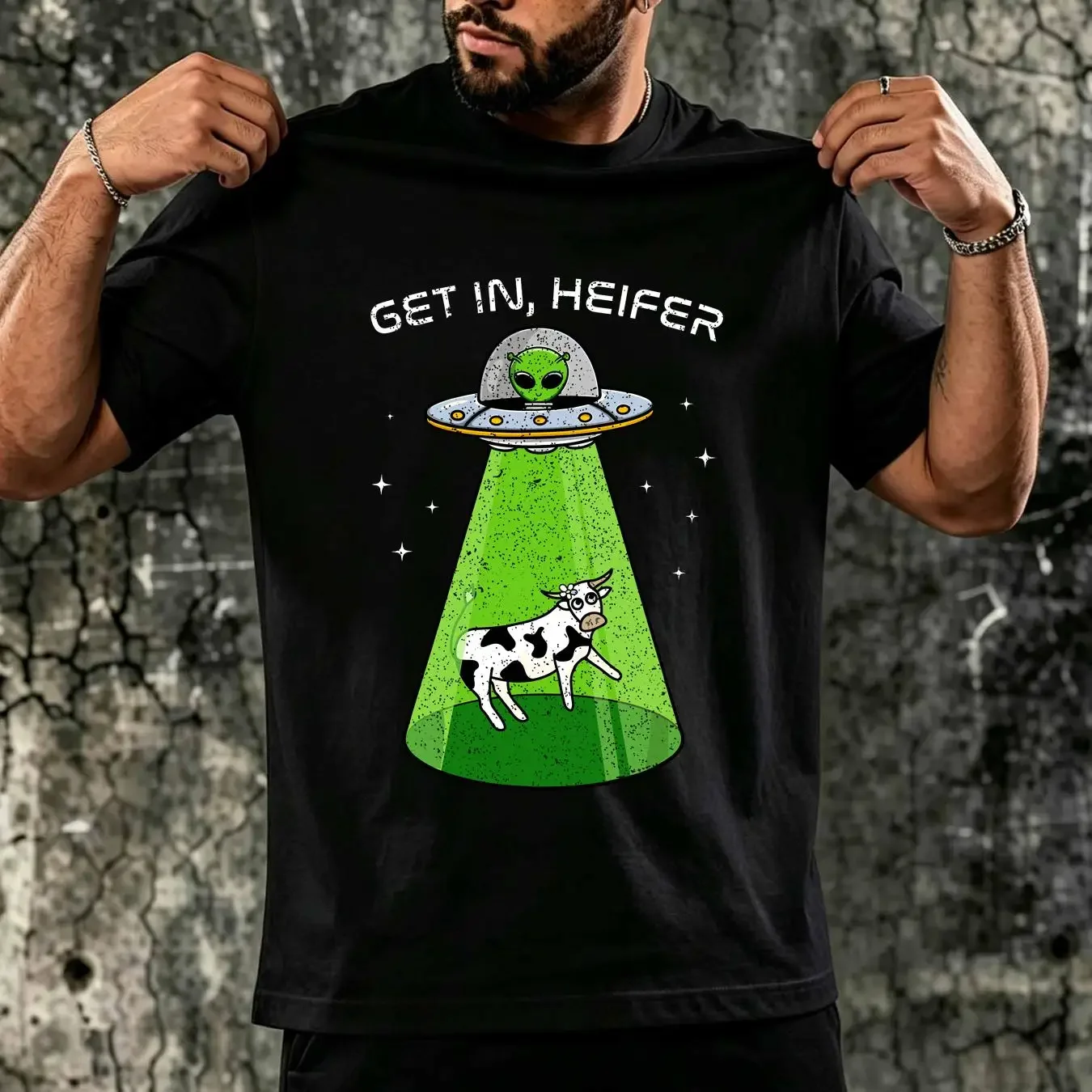 washed T Shirt Alien Funny Cow Abduction UFO Area 51 Get in Heifer long or short sleeves vintage Washed Breathable streetwear