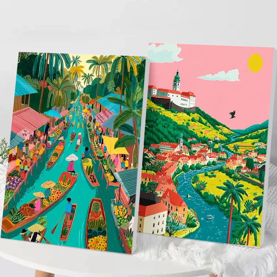 

CHENISTORY Paint By Number Cartoon House For Adults DIY scenery Picture By Numbers Acrylic Paint On Canvas Home Decor