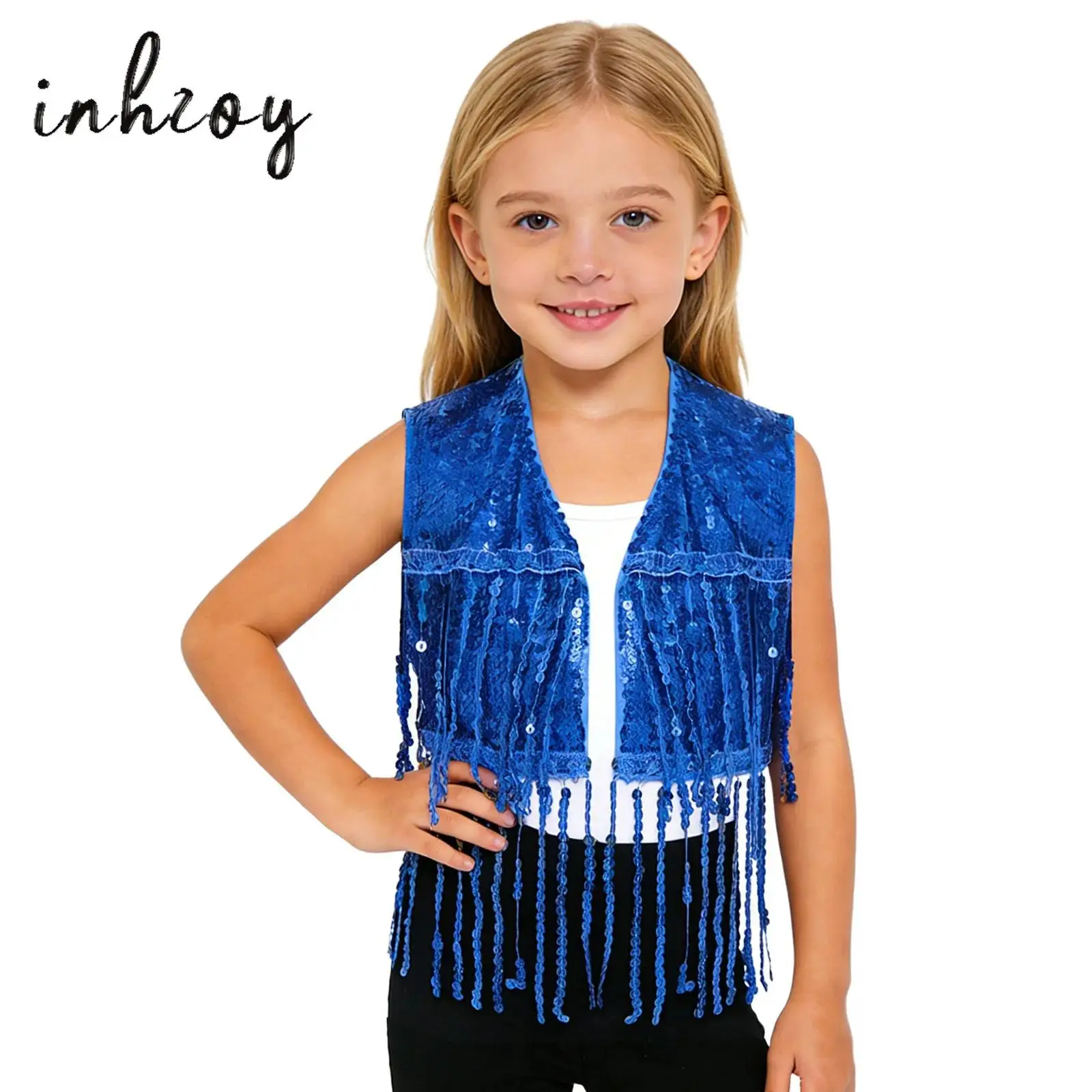 

Kids Girls Shiny Sequined Tassel Waistcoat Sleeveless Open Front Fringed Vest Crop Top for Jazz Dance Cha-Cha Dance Performance