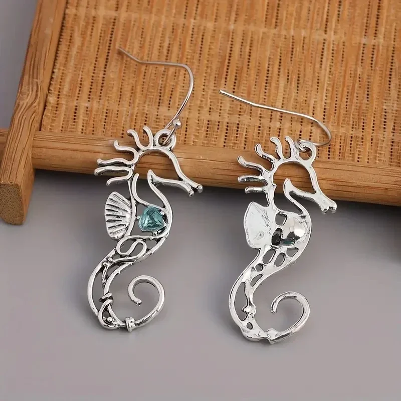 Silvery Metal Seahorse Pendant Earrings, Women\'s Creative Blue Zircon Earrings, Holiday Party Personalized Earrings