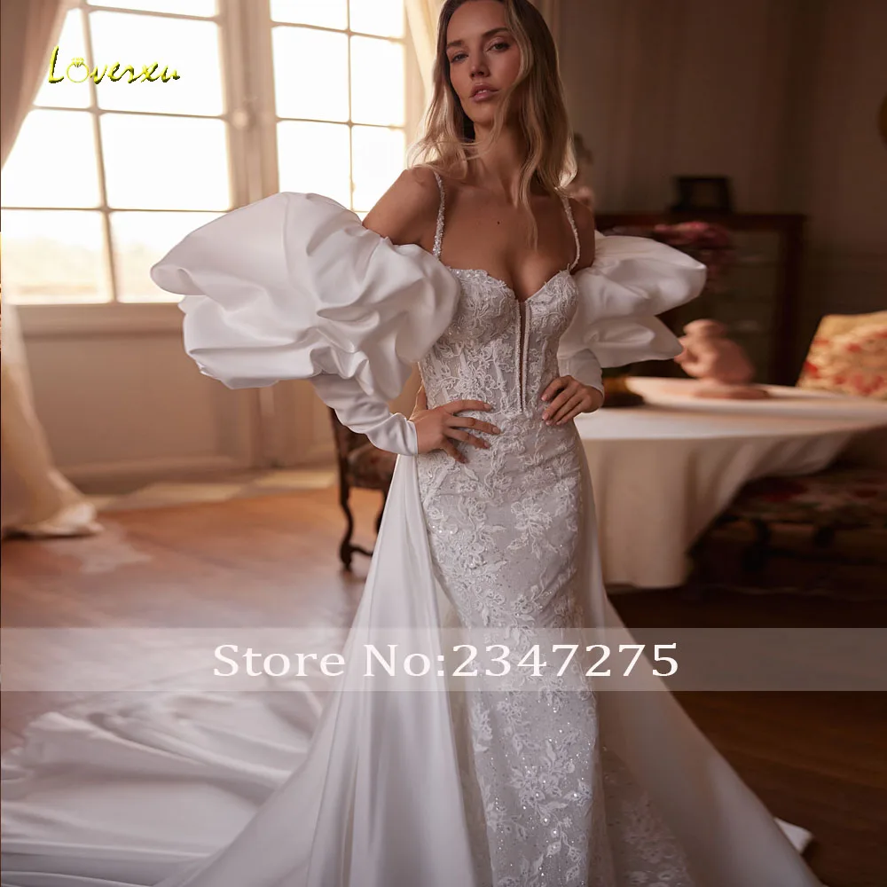 Loverxu sirena vestidos De Novia Sexy tirantes espagueti Vestido De Novia encaje bordado con chaqueta vestidos De Novia hechos a medida