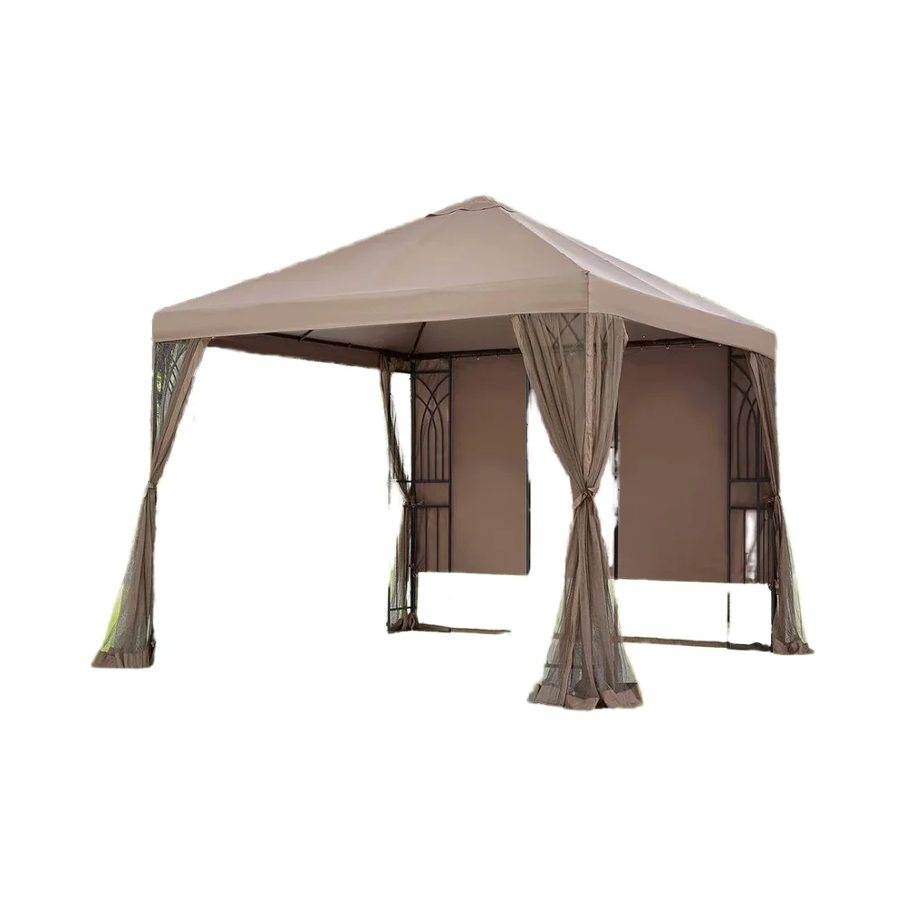a*-GARDEN 10ft X 10ft PVC Gazebo with Mosquito Net & Privacy Panel Metal Frame Powder Coated Pergola Style.