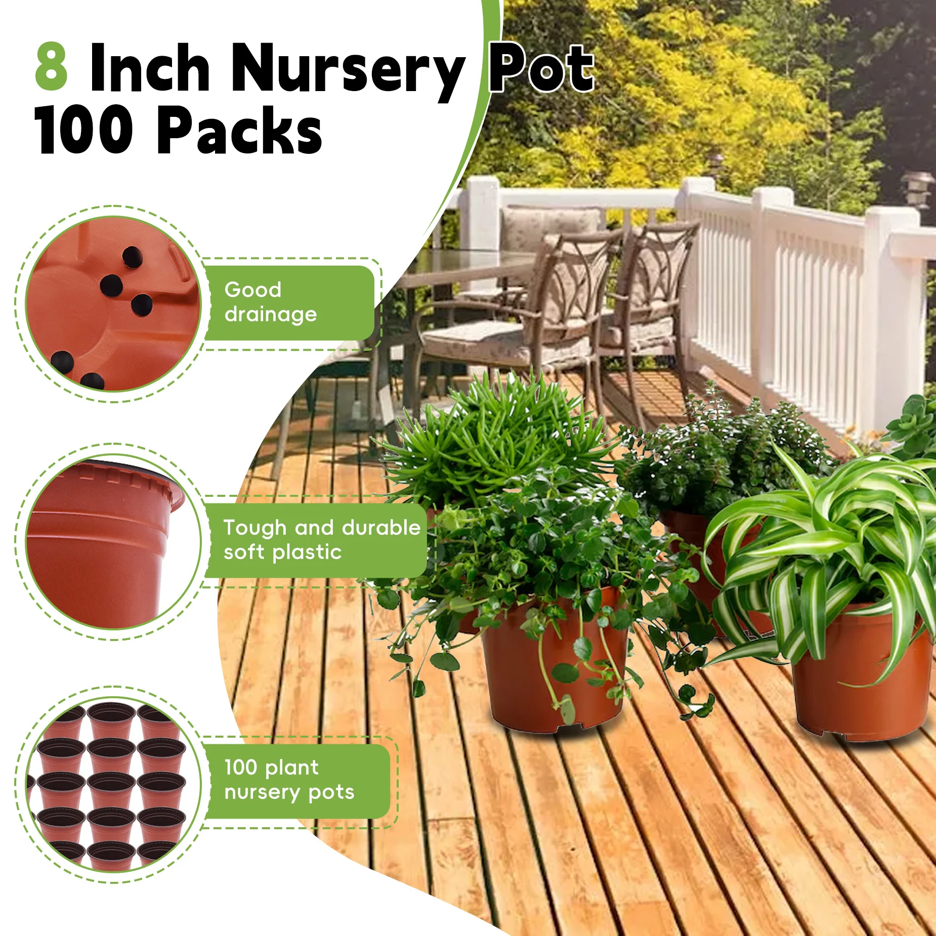 

100 шт. 8-дюймовые кирпично-красные мягкие пластиковые горшки для рассады, для уличного и садового выращивания, гибкие, устойчивые к трещинам, с пористой дренажной системой