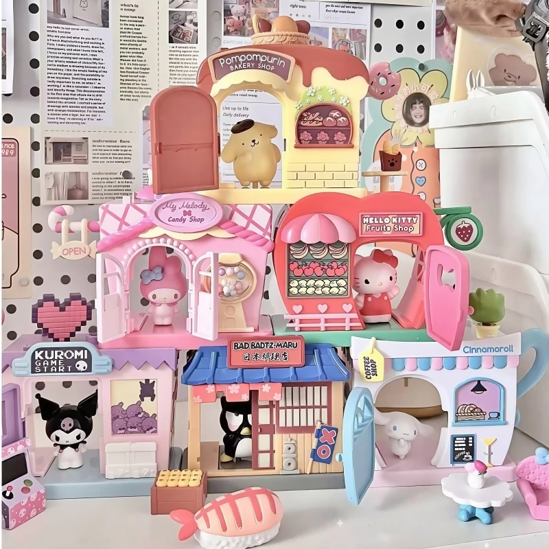 

Sanrio Cinnamoroll Hello Kitty Kuromi Play House штабелируемые игрушки с видом на улицу, фигурка аниме, детский игровой домик, игрушки