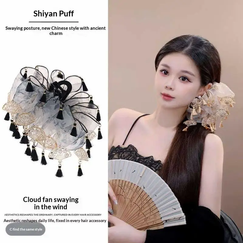 Haarspange aus Chiffon mit Tintendruck, goldenen Fächeranhängern und schwarzen Quasten für Hanfu, passend für den täglichen Gebrauch und traditionelle Anlässe – Detail 3