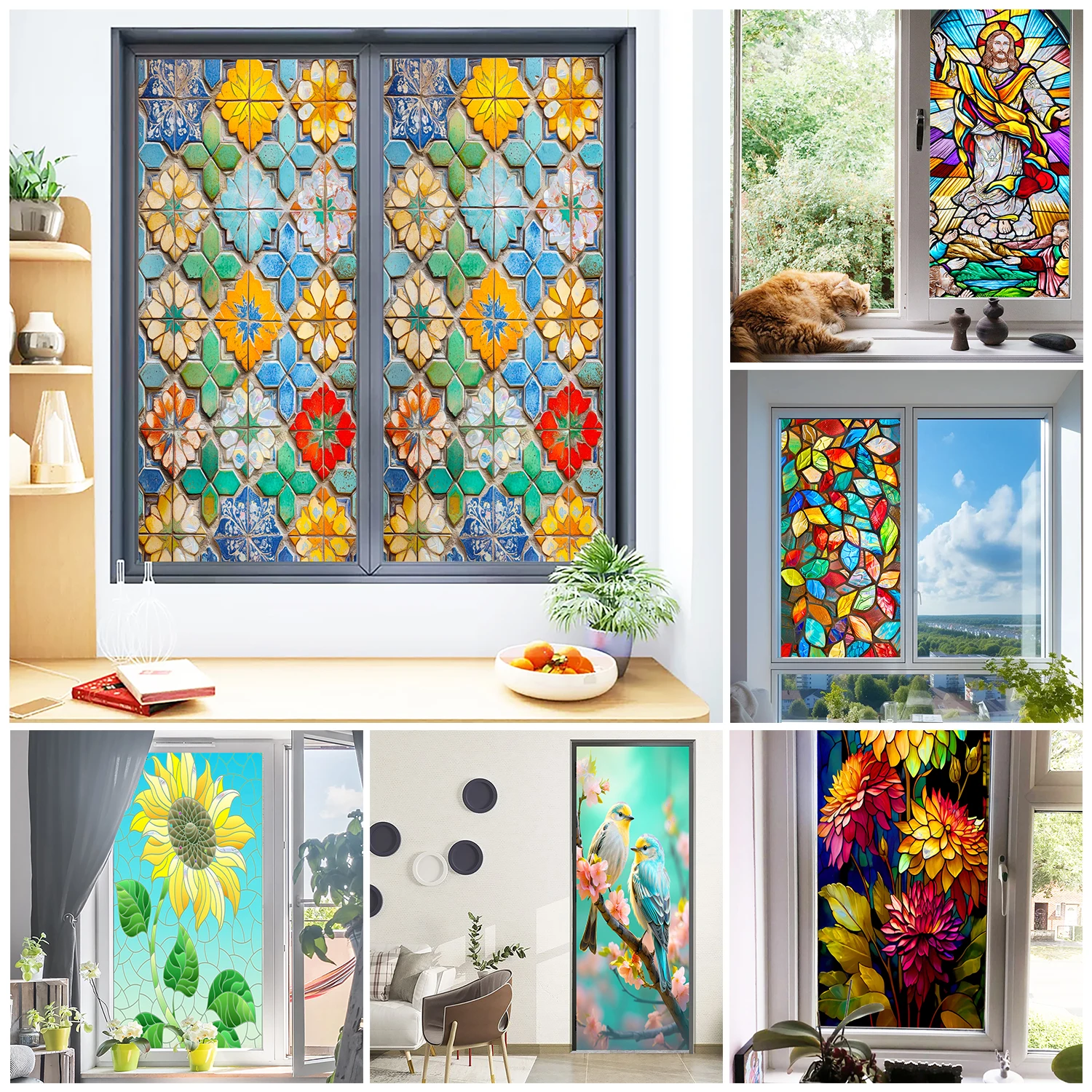 Rainbow Flowers Suncatcher Window Privacy Film UV Protection Glass Static Cling Decor for Bathroom Door Kitchen