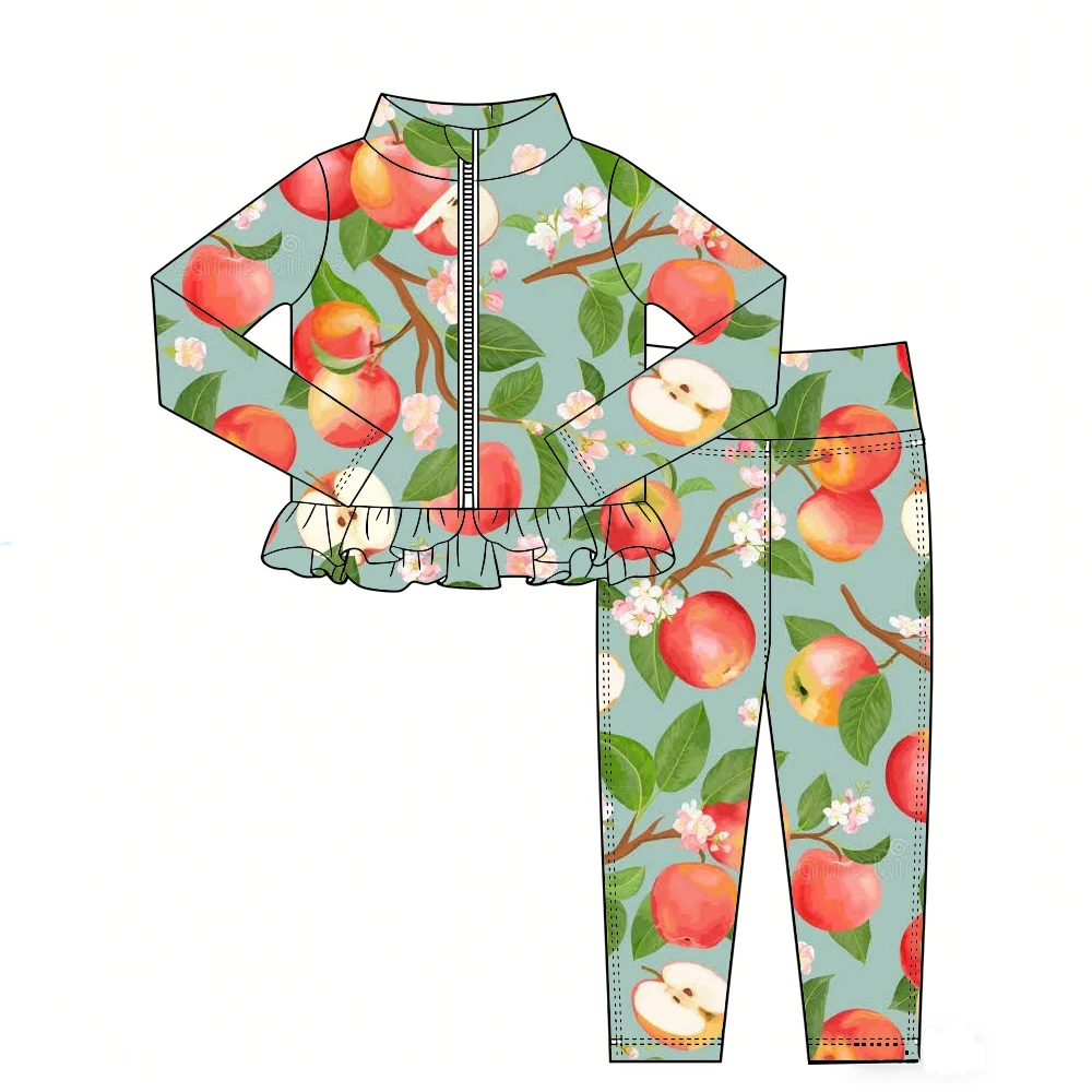 Boutique Hot-selling girls' outfit long-sleeved and long-legged with ruffled zipper and fruit print custom