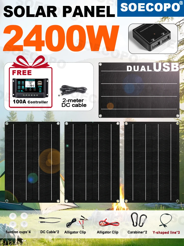 SOECOPO 2400 W tragbares Solarpanel-Set – 4 x 600 W Solarmodule, kostenloser 100-A-Controller, Dual-USB, 5 V, für die Stromverso