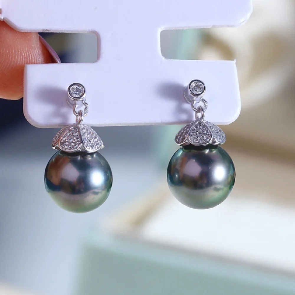 tahitian black green AAAA 9-10mm 10-11mm 12-13mm 13-14mm 11-12mm Natural pearl earrings classic  s925