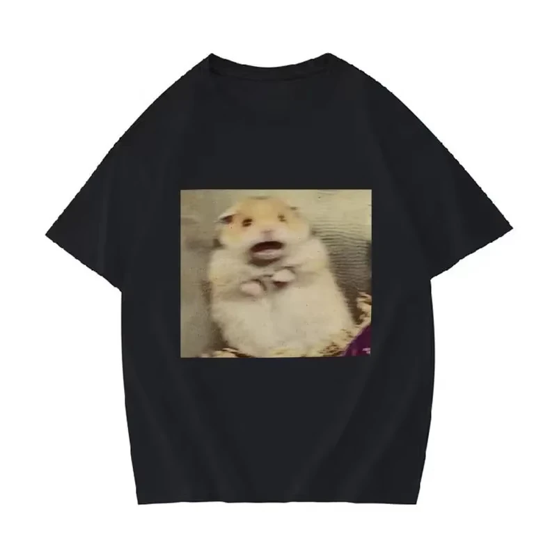 Funny Scared Hamster Meme Graphic Printed T-Shirt Women Round-Neck Fashion Short Sleeve T Shirt Retro Summer Clothing