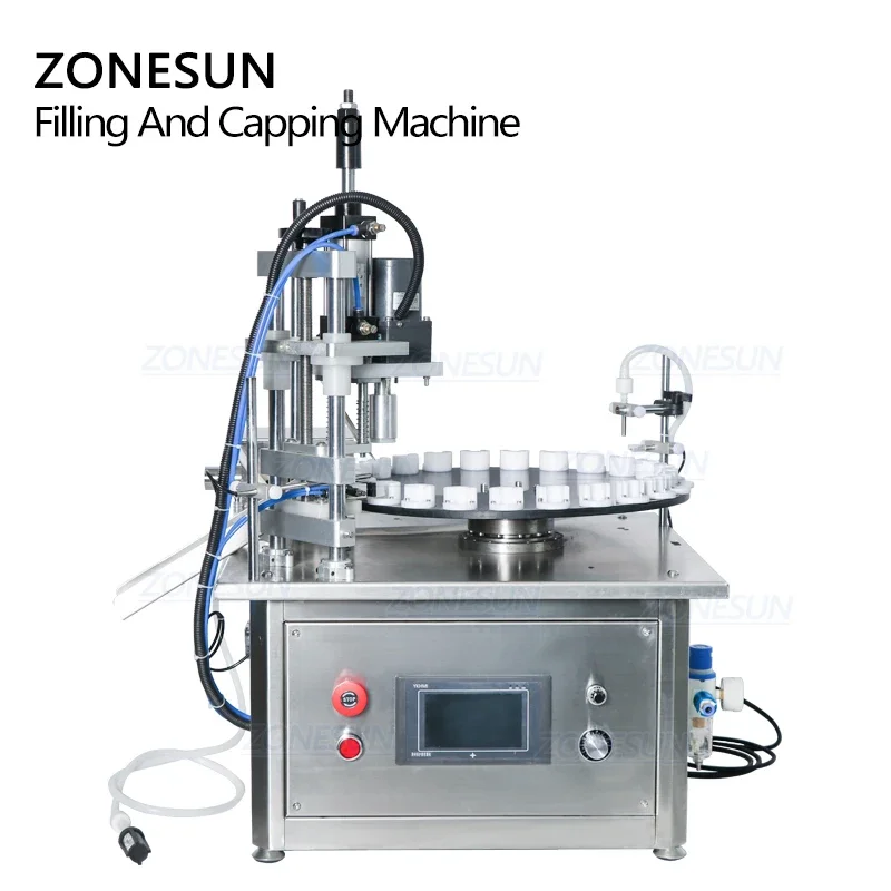 Zonesun 2 em 1 mesa rotativa automática de óleo essencial pequeno reagente frasco de vidro máquina de enchimento e tampagem de garrafas líquidas
