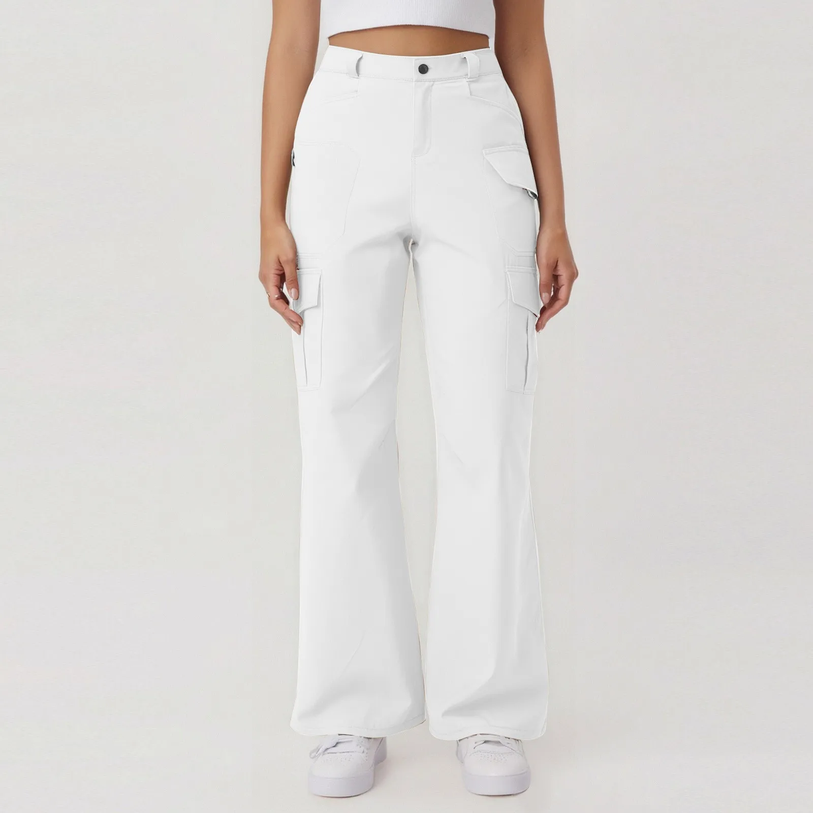 

Wide Leg Trousers Solid Color Streetwear Fashion Cargo Pants Women Blue Casual Patch Pocket High Waist Straight Pants 2025