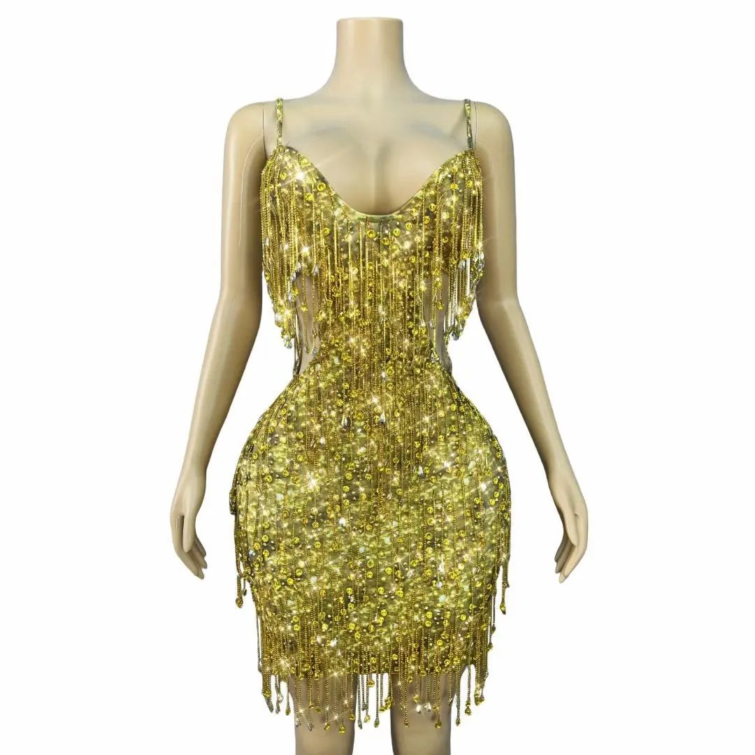 

Роскошное платье с блестящими золотыми цепочками и кристаллами, женский наряд для дня рождения, модного показа, танцев, фотосессии, сценического выступления