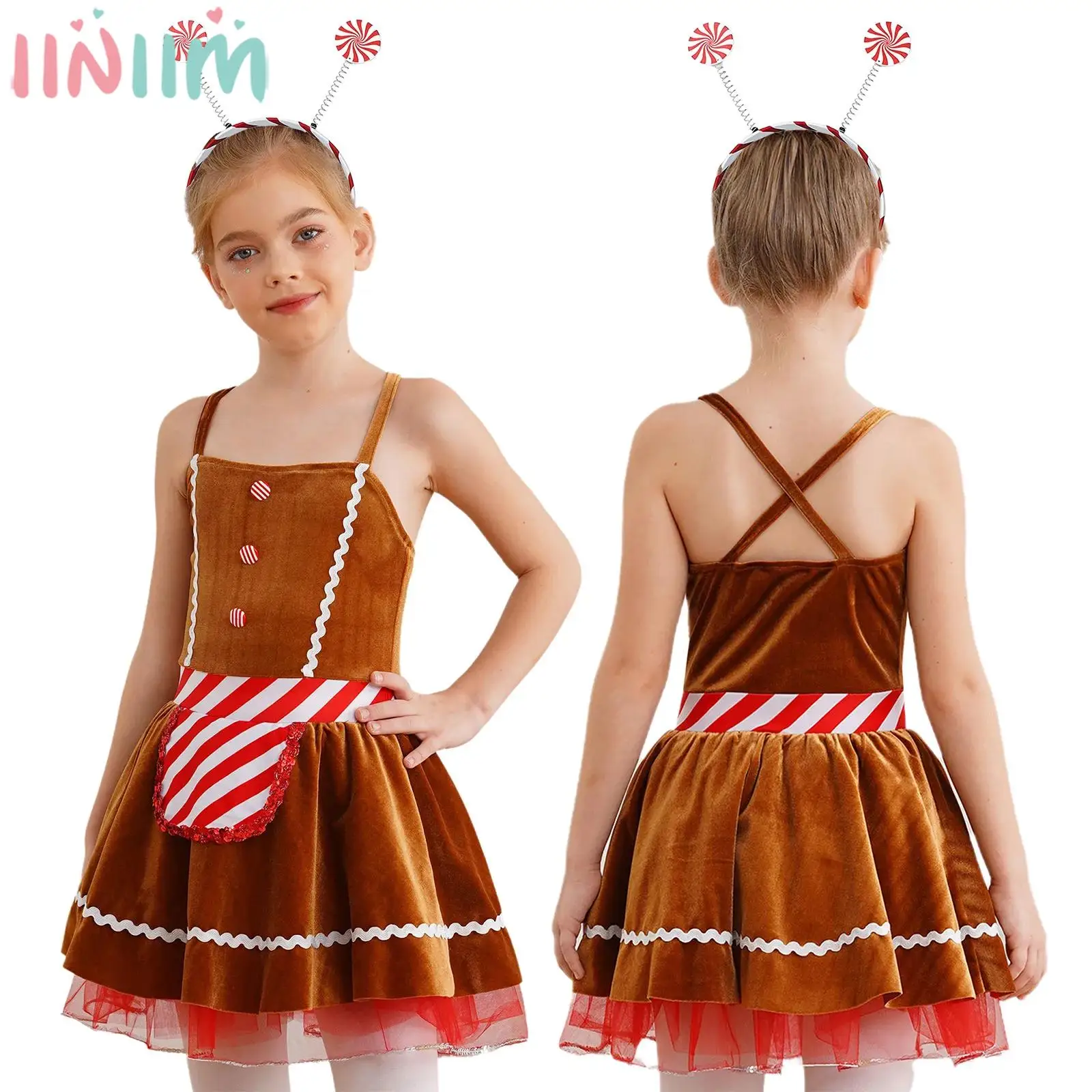 

Рождественское платье для косплея пряничного человечка для девочек с обручем для волос в виде леденцов, купальник для балета, танцев, катания на коньках, пачка для рождественской карнавальной вечеринки