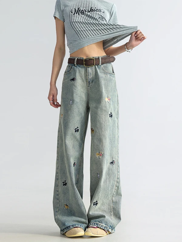 

Large Size Embroidered Fun Dog Wide Leg Jeans High Waist Zipper Closure Loose Straight Cut Casual Style for Women Autumn Season