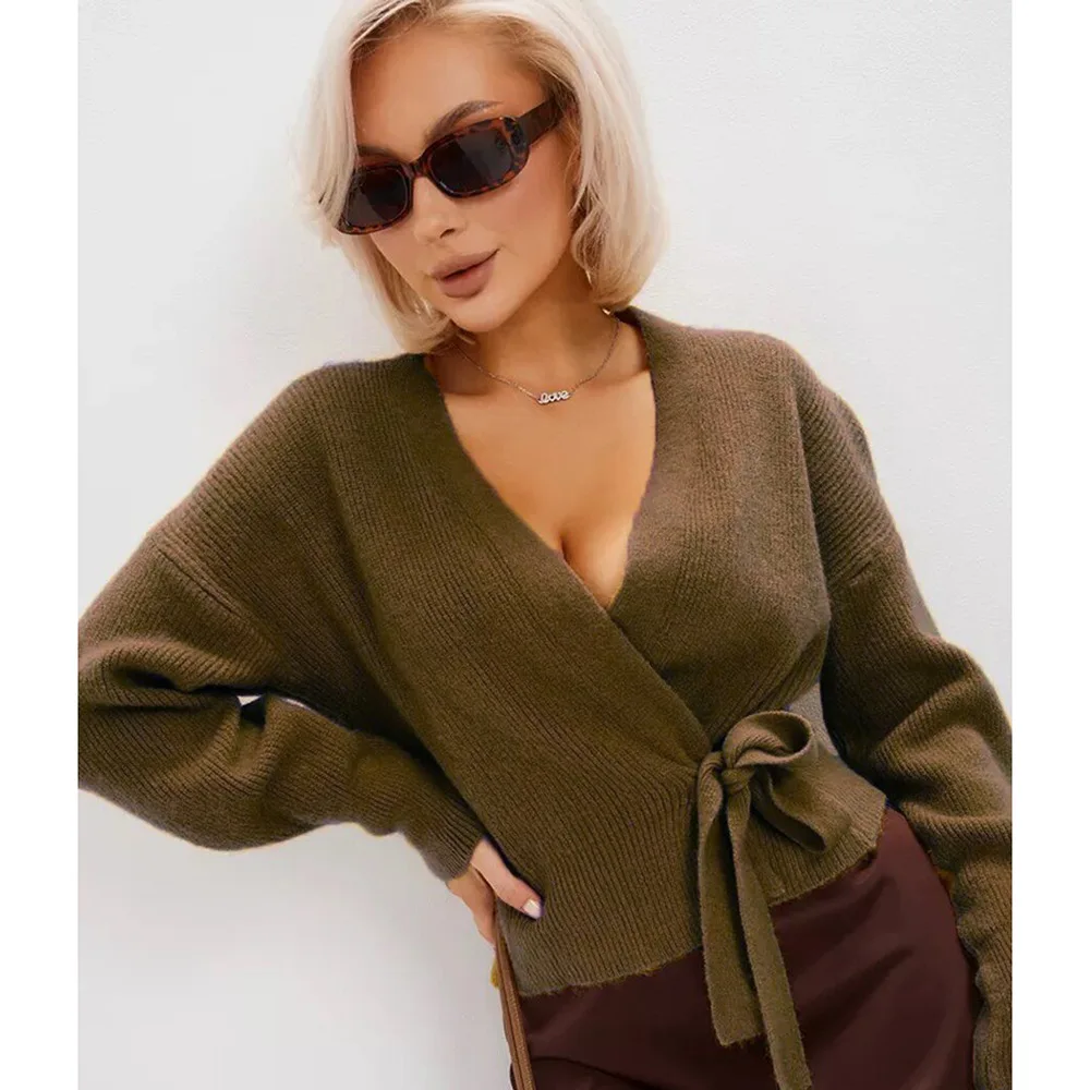 Suéter de punto de viento suave para mujer, abrigo con lazo, manga larga, holgado, versátil, a la moda, Top con cuello tipo Polo sin mangas