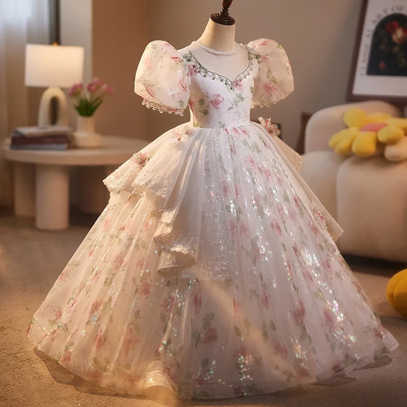 2024 Girl printing birthday dress girl host princess dress flower girl fluffy dress model runway piano performance dress