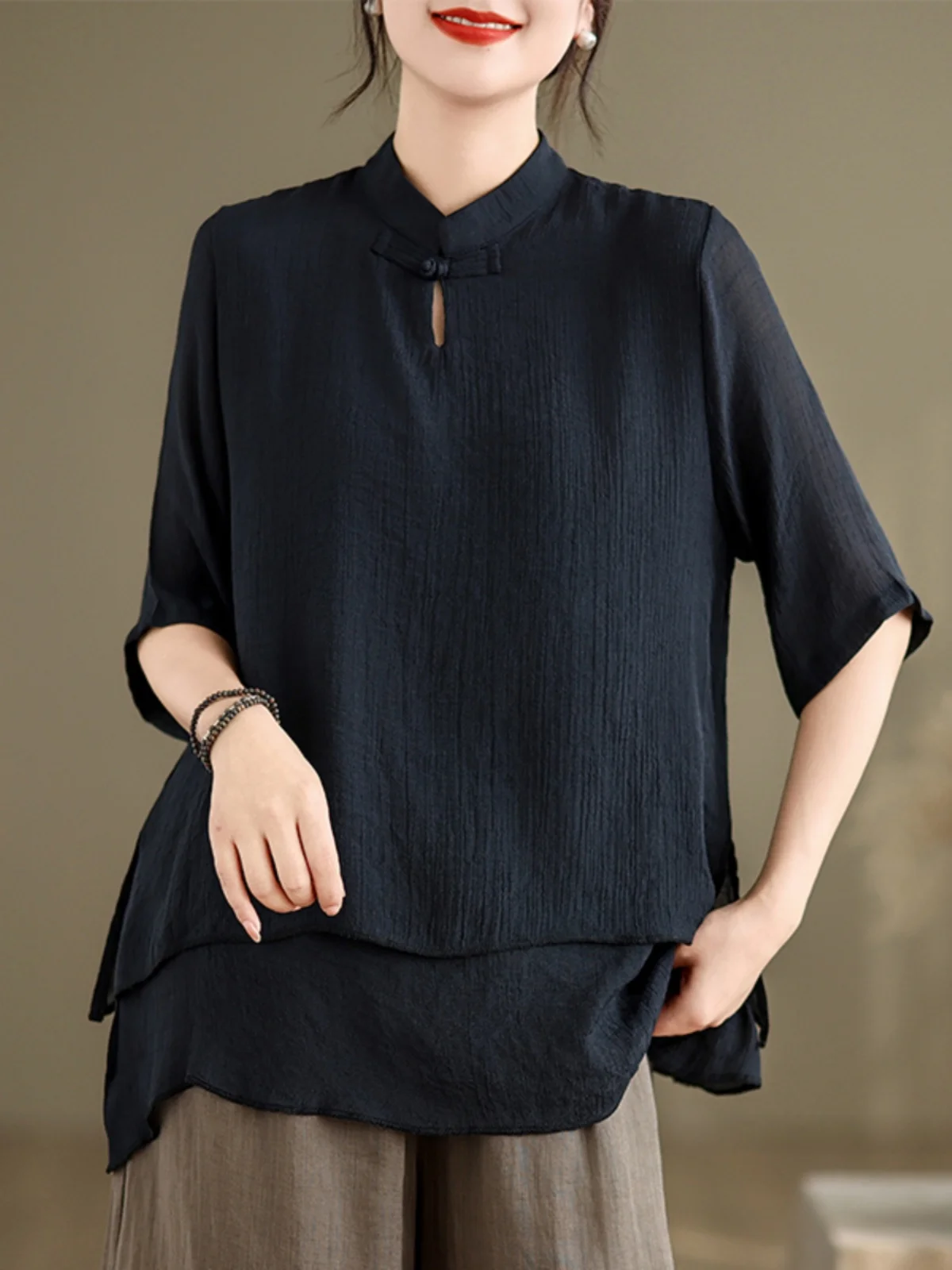 

Ele Double Layer Silk Linen irt Women's Summer New Sle Simple Stand Collar Button up Top Faionable Artistic Blouse