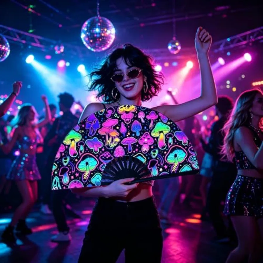 Rave Folding Fan, Large Folding Hand Glow Rave Fan, Decorative Folding Hand Fans with Fan Bag, Clack Hand Fan for Line Dancing,