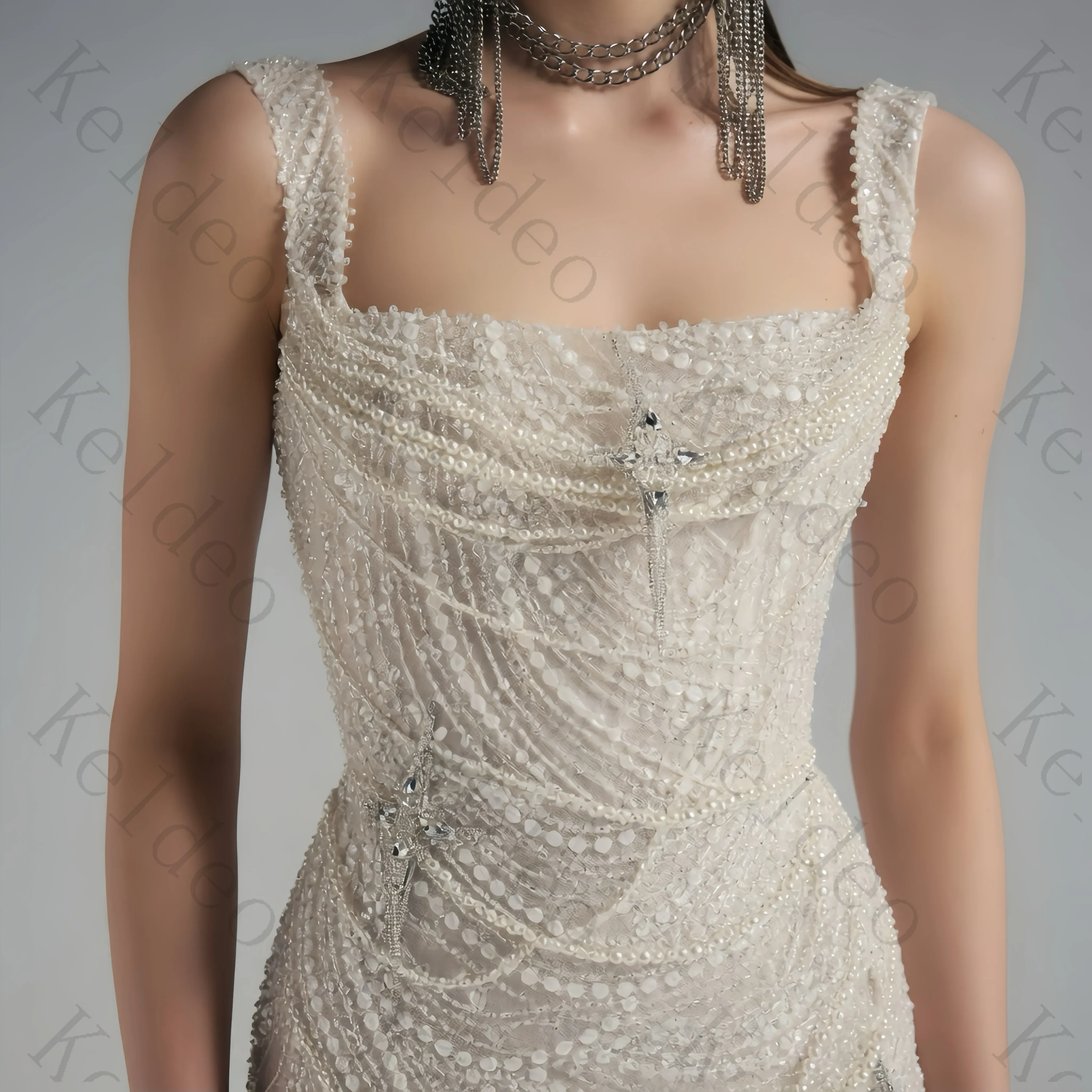Customized Square Neck Mermaid Sleeveless Wedding Dresses Spaghetti Straps Beadings Lace Up Open Back Floor Length Bridal Gowns