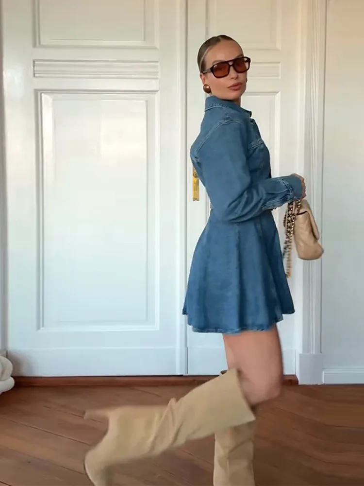 Mulheres denim camisa vestido lapela a linha cinching cintura jeans saias single-breasted mangas compridas lavado vestido angustiado 2025