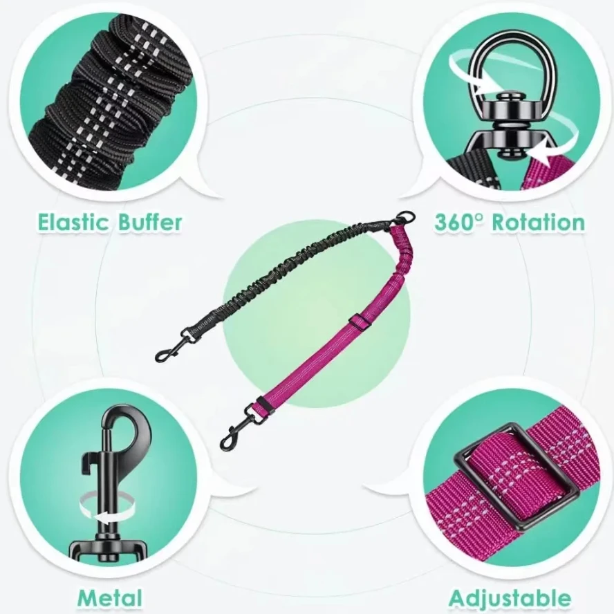 16ft Long Dual Dog Leash Attachment - Double Leashes for Training Small to Large Dogs - Adjustable Strap, Shock Absorbing Bungee