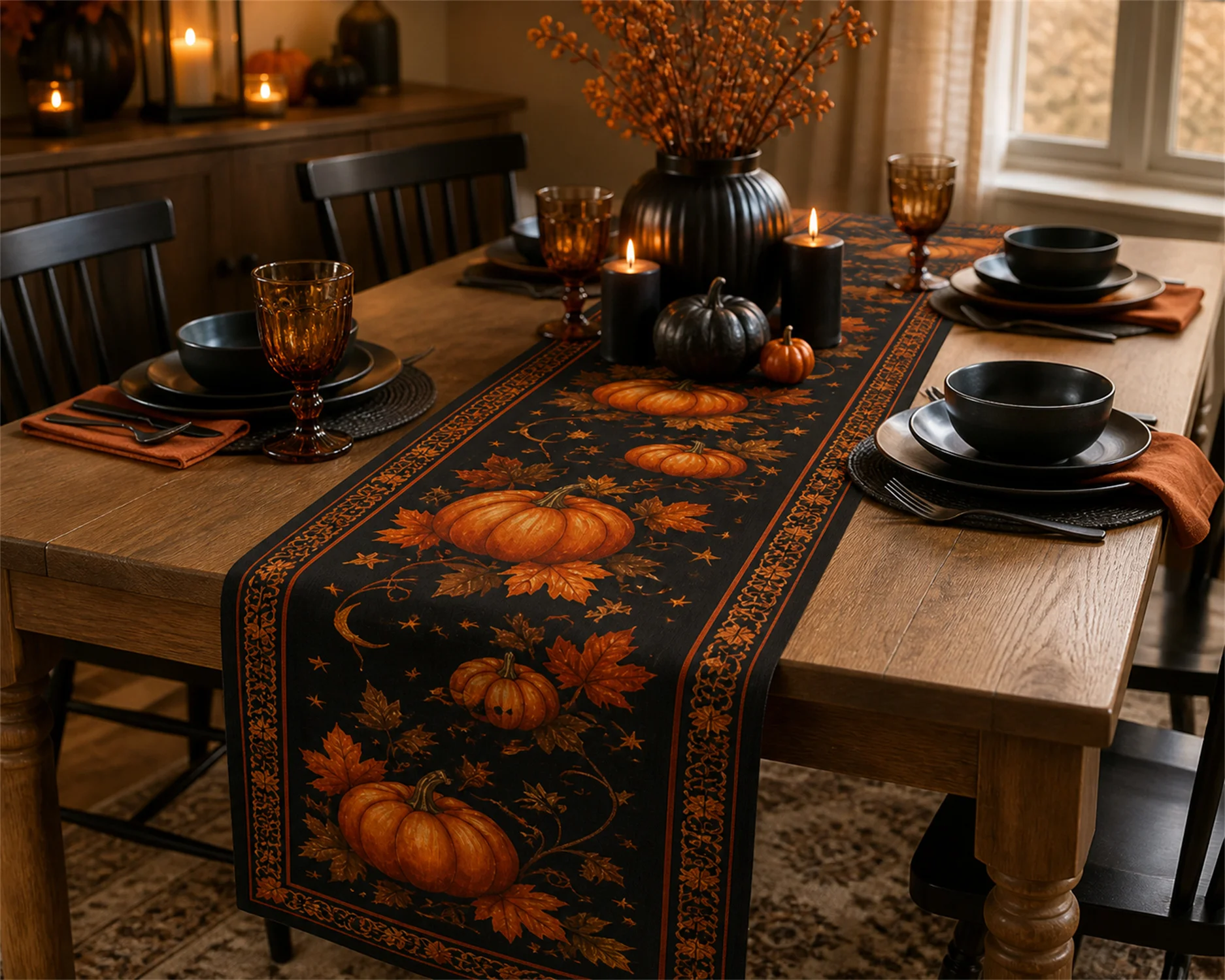 Classic Pumpkin Leaf Table Runner Vintage Floral Border Dining Room Decor Autumn Home Decoration Gift Design