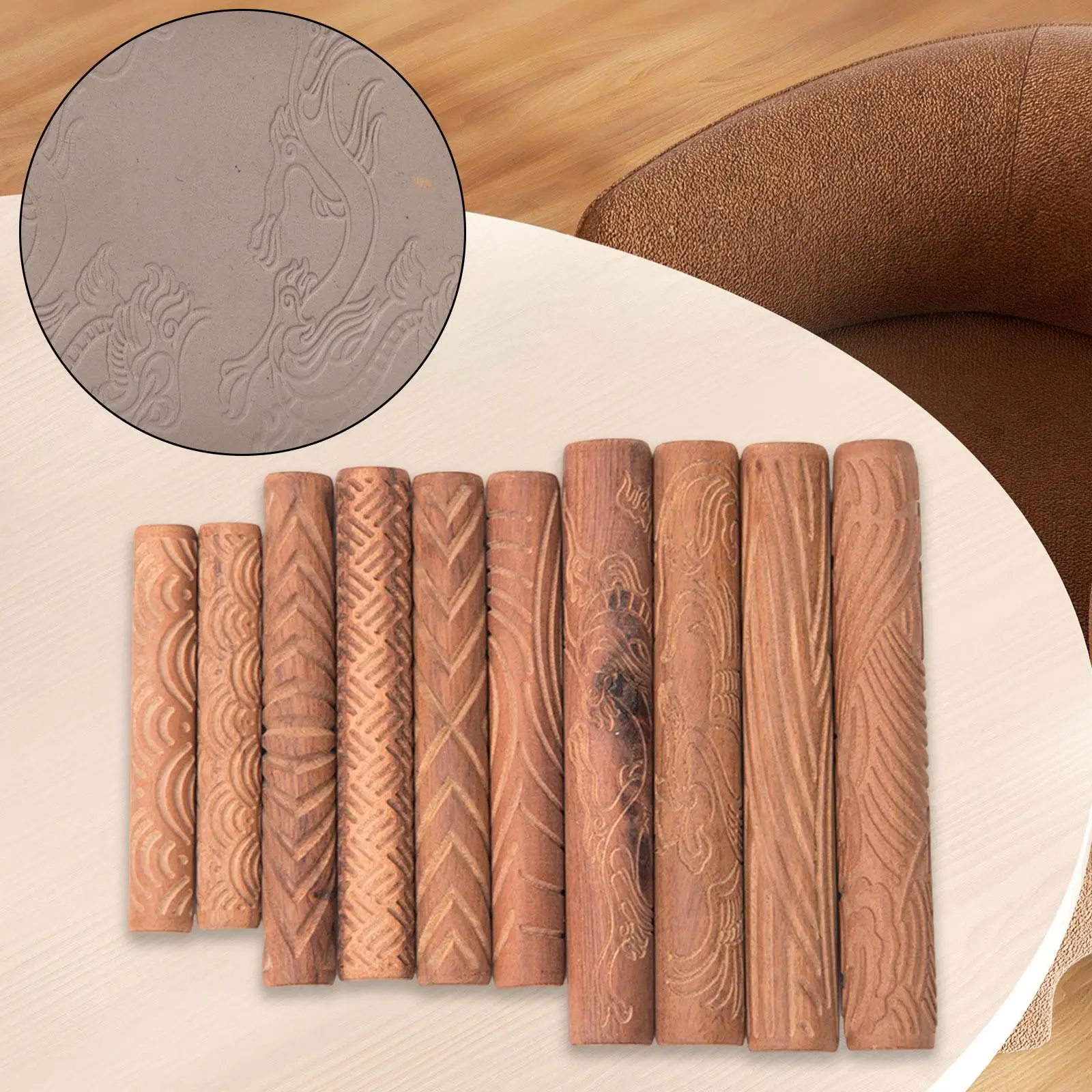 10Pcs Clay Modeling Pattern Rollers Wooden Textured Rolling Pin Reusable Clay Roller Clay Texture Roller for Pastries Cookies