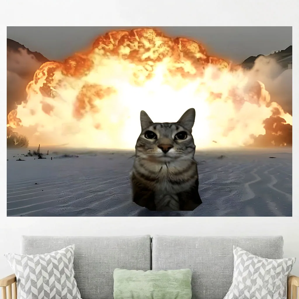 Funny Meme Cat Wall Tapestry Tabby Cat Explosion Background Humor Meme Print Wall Hanging Dorm Bedroom Aesthetic Home Background
