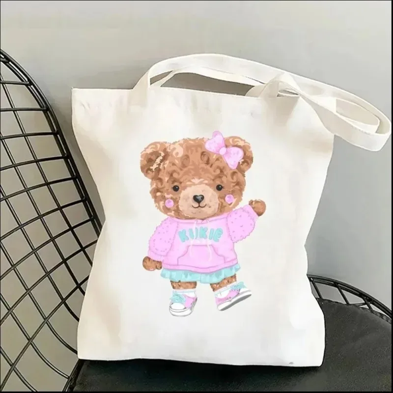 Harajuku Cute Pig Women Canvas Shoulder Bags Kawaii Bear Shopping Bag Graphic Eco Lady Shoulder Handbag Large Capacity