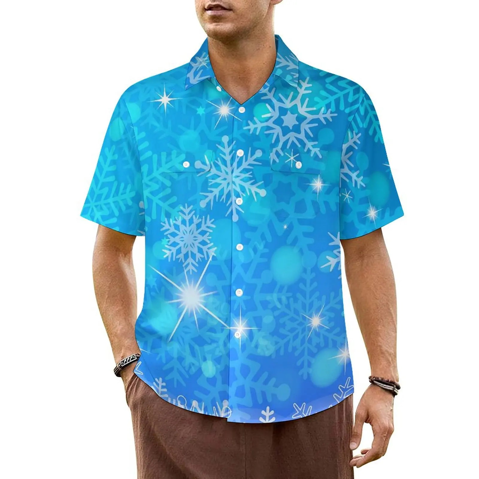 

Sparkle Snowflake Beach Shirt Blue Print Hawaiian Casual Shirts Men Elegant Blouses Short Sleeve Y2K Street Custom Top