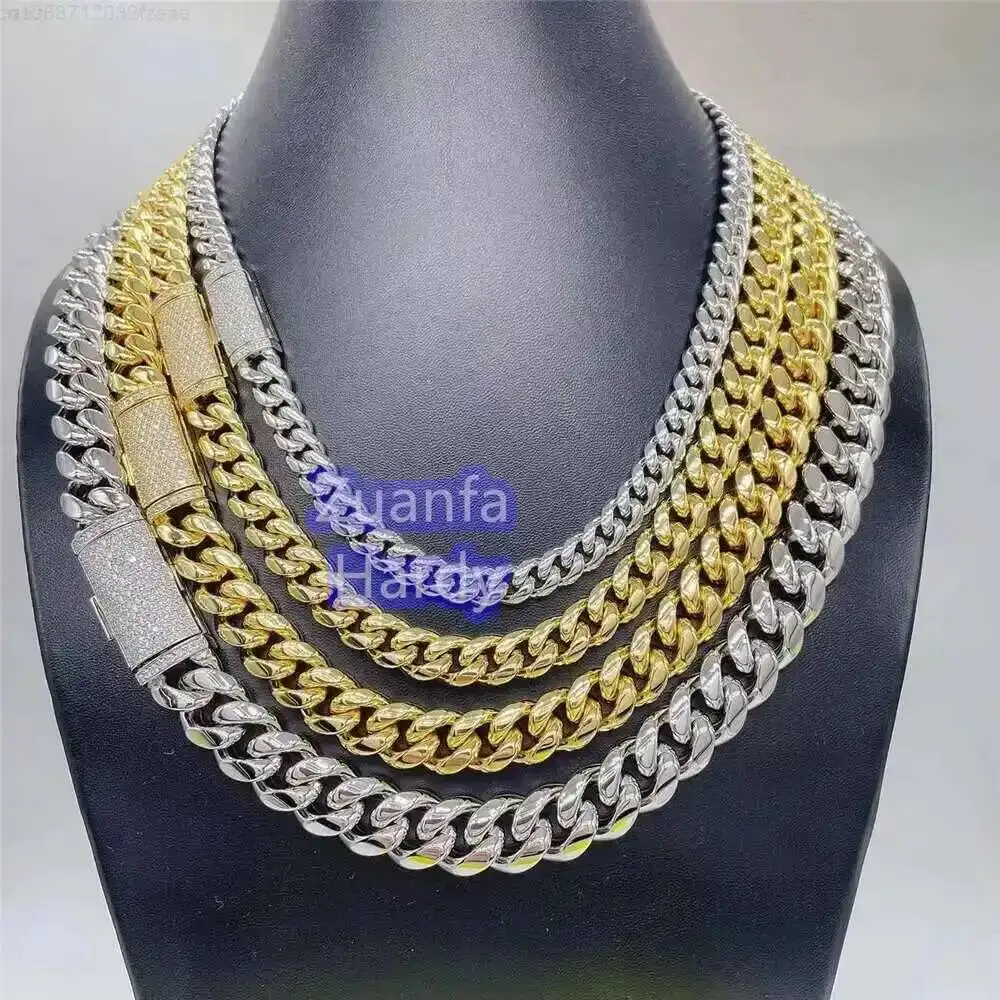 

18k Gold Plated Plain Stainless Steel Body Chain Necklace Vvs Moissanite Iced Out Clasp 8mm 20 Inches Miami Cuban Chain