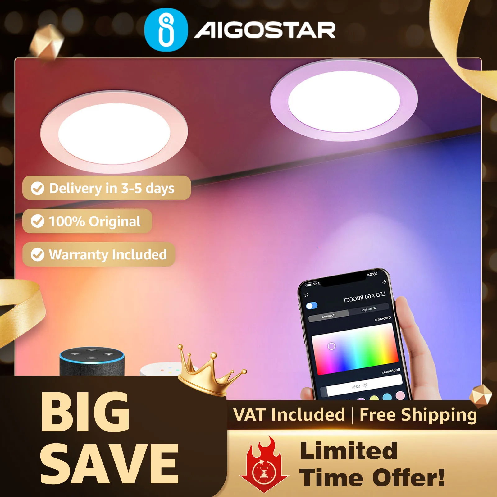 Aigostar Downlight Inteligente WiFi 9W/15W Ultradelgado | RGB+Blanco Regulable 2700-6500K, App Control, Compatible Alexa/Google | Ø145mm/Ø175mm, Pack de 2