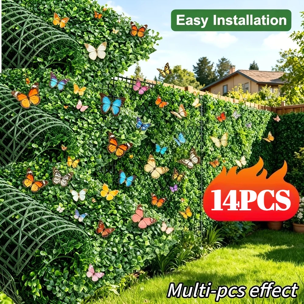 

2PC Large Artificial Boxwood Panels and 12PC Beautiful Simulated Butterflies Sets Suitable for Indoor/Outdoor Privacy Screen