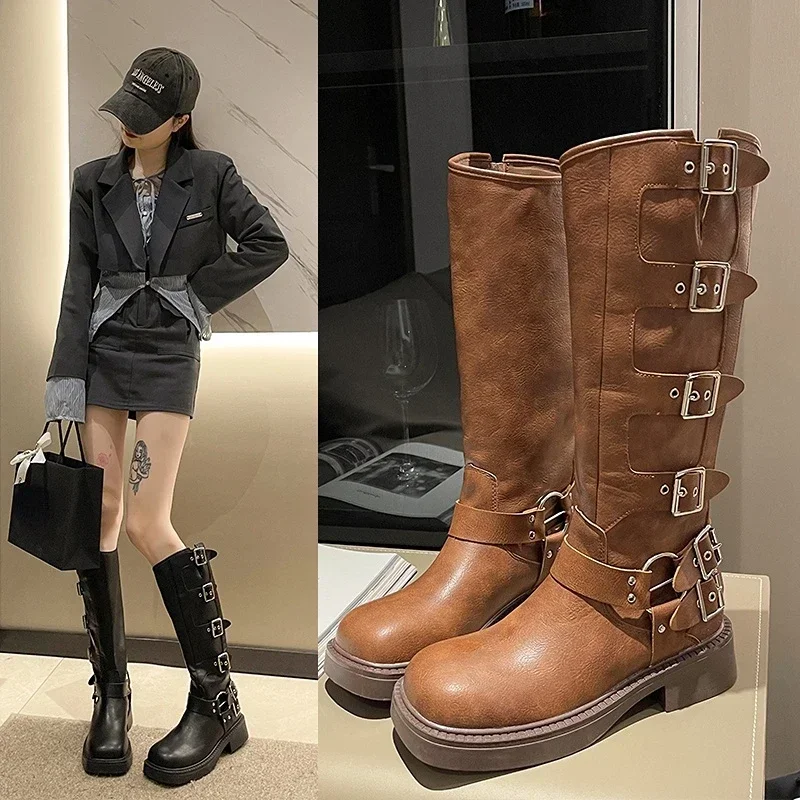 

Woman Boots Knee High Platfrom Studded Spring Summer Knight Combat Gothic Elegant Medium Heel Women's Shoes Motorcycle Footwear