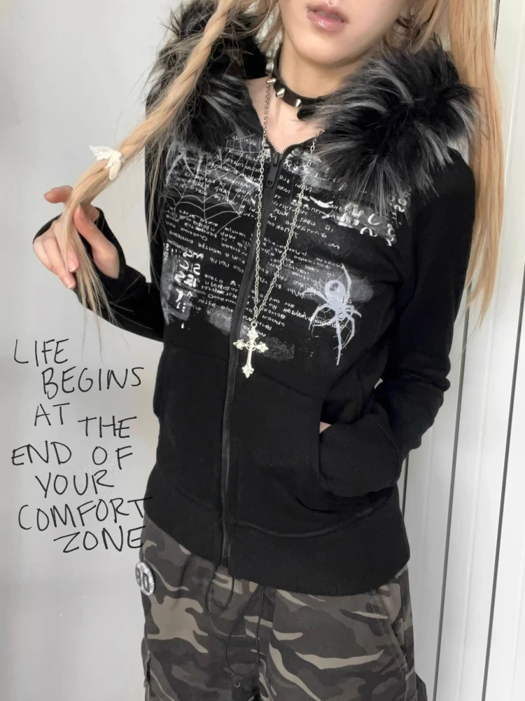 الأمريكية الرجعية الفراء المرقعة الجرونج هوديس المرأة خمر القوطية طباعة مقنعين زمم بلوزات Harajuku الجمالية Y2k سترة #5