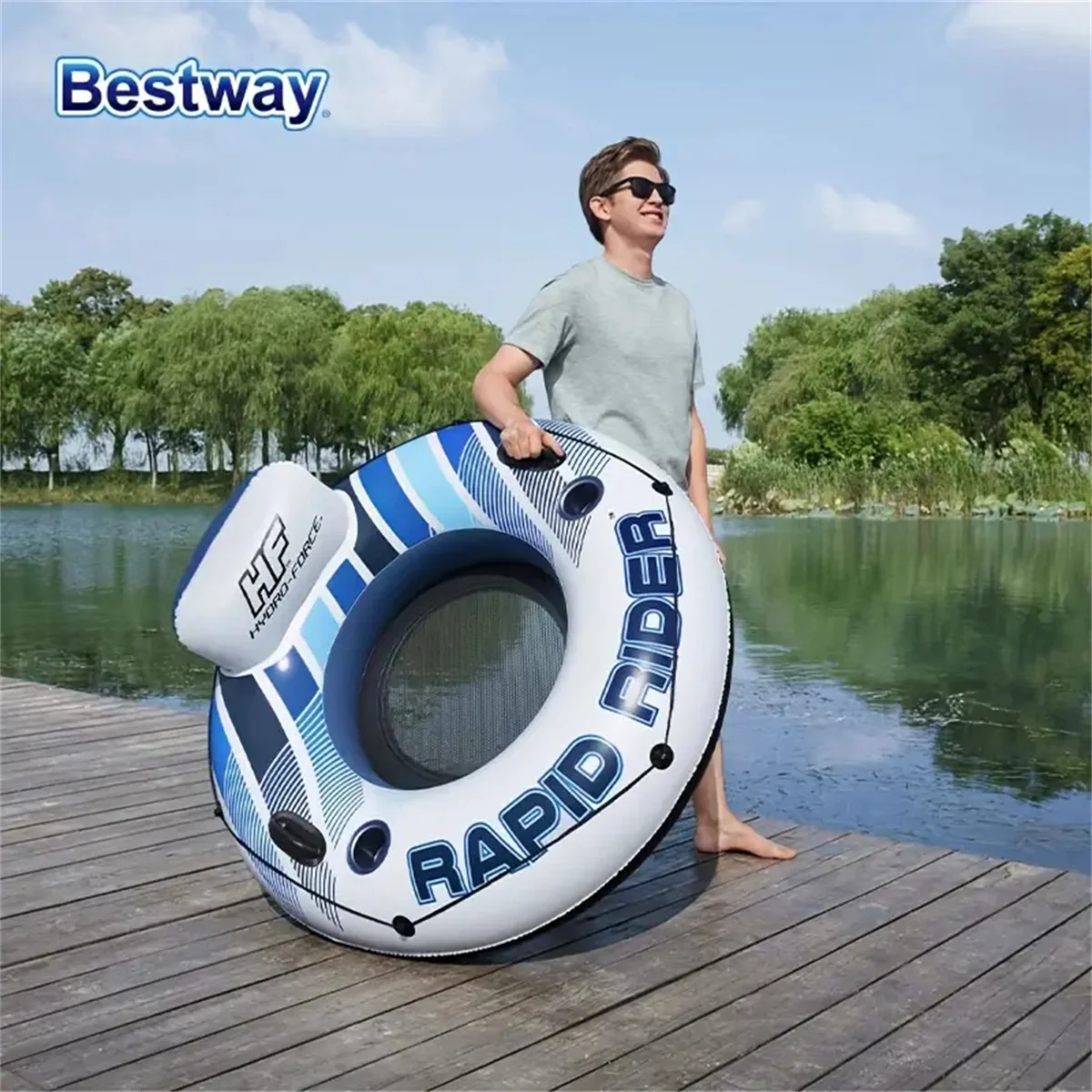 A thick drift sitting circle with swimming ring floating around with grab rope, with backrest, bottom grid cool structure