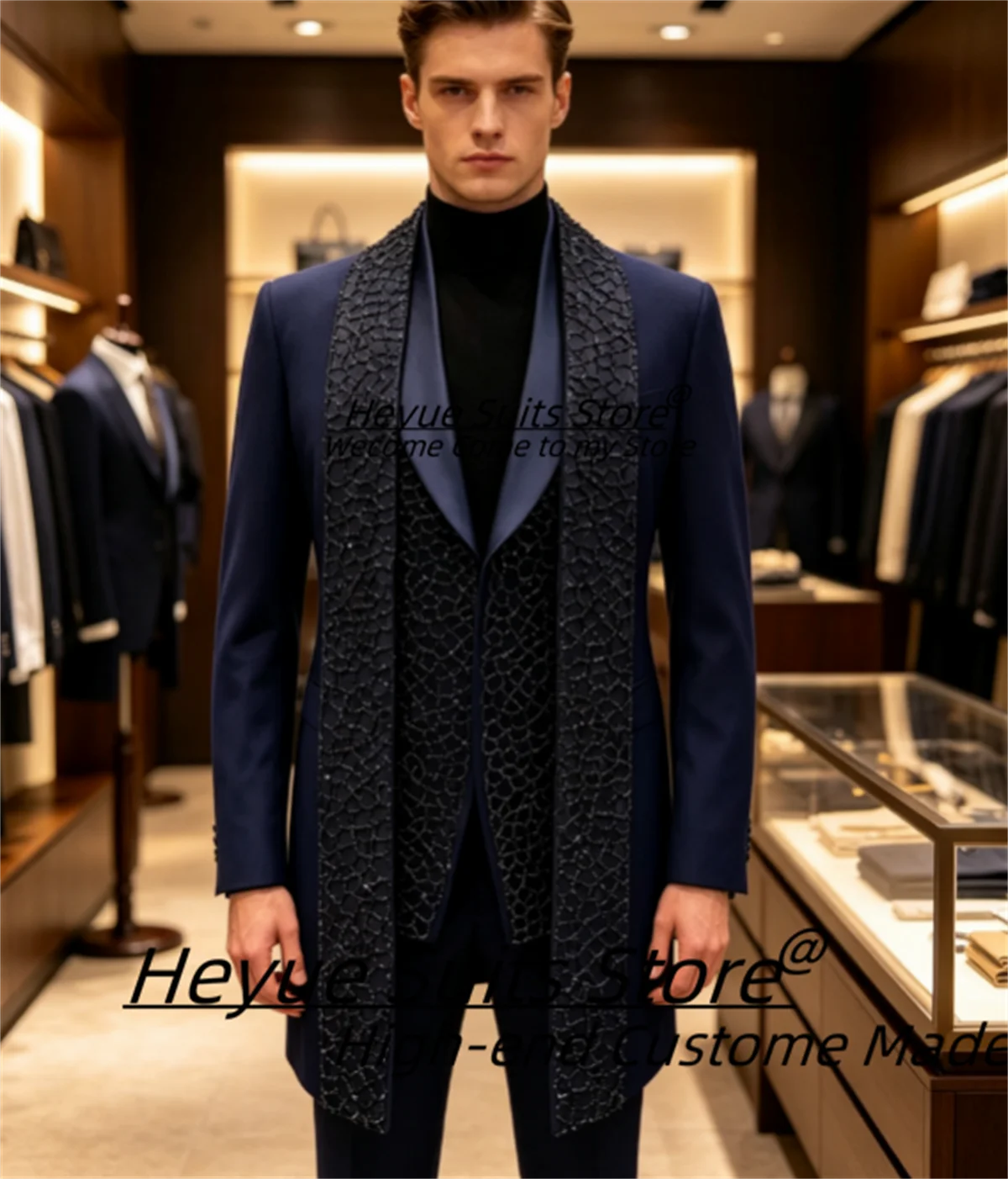 Luxurious Navy Blue Men Suit Customized Slim Shawl Lapel Heavy Beaded Embroidery Groom Wedding Tuxedo 3 Pieces Sets Ropa Hombre