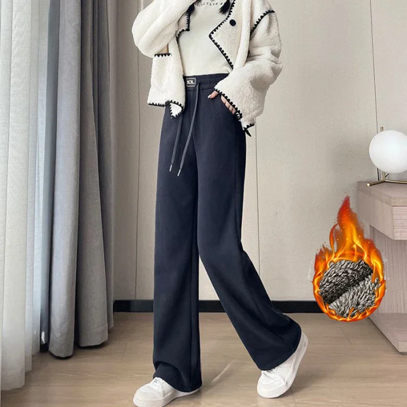 Winter Girls Retro Fashion Snow Warm Velvet Pants Female High Waist Loose Plush Trousers Women Thicken Fleece Thermal Pants