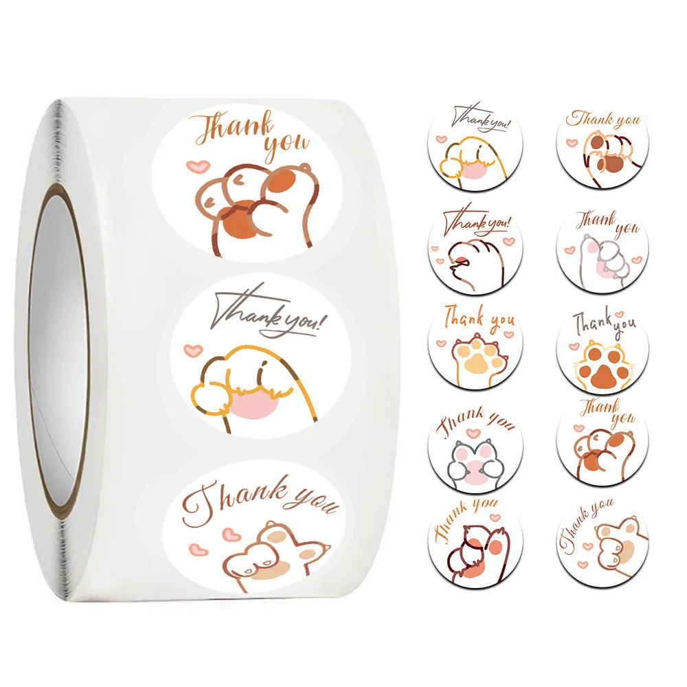JCAC 500pcs/roll Cute Cartoon Cat Paw Thank You Stickers, Self-Adhesive Labels for Teacher Reward, Student Encouragement Seal