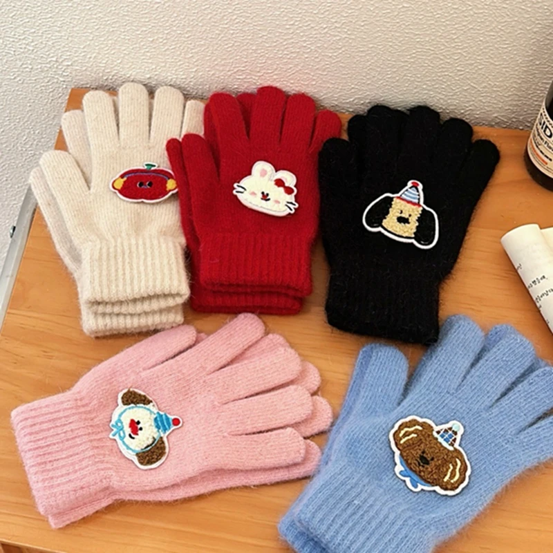 Kawaii Cartoon Women Knitted Gloves Black Winter Thicken Warm Wool Solid Color Mitten Student Autumn Work Gloves Keeping Warm