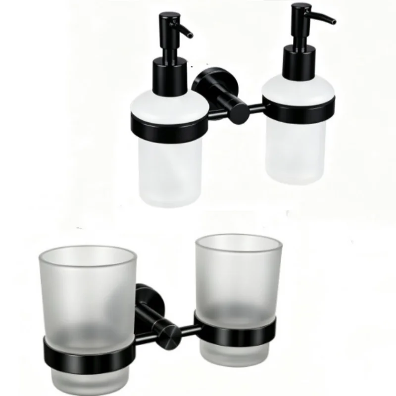 Matt Black Wall-mounted Elegant Bathroom Set Paper Towel Stick Toilet Bathrobe Hook Double Cup Holder Double Soap Dispenser